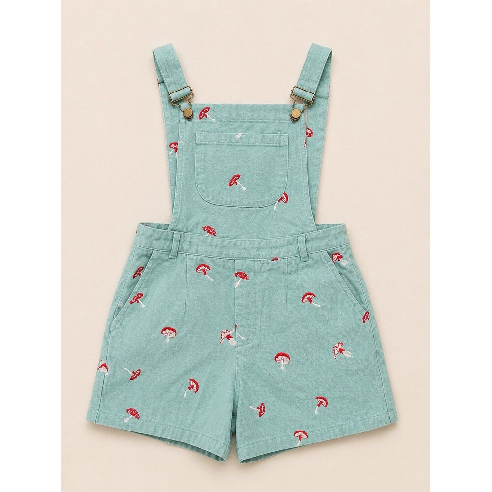 Adorable Cider Mushroom Embroidered Overall Romper Shorts – Size Small